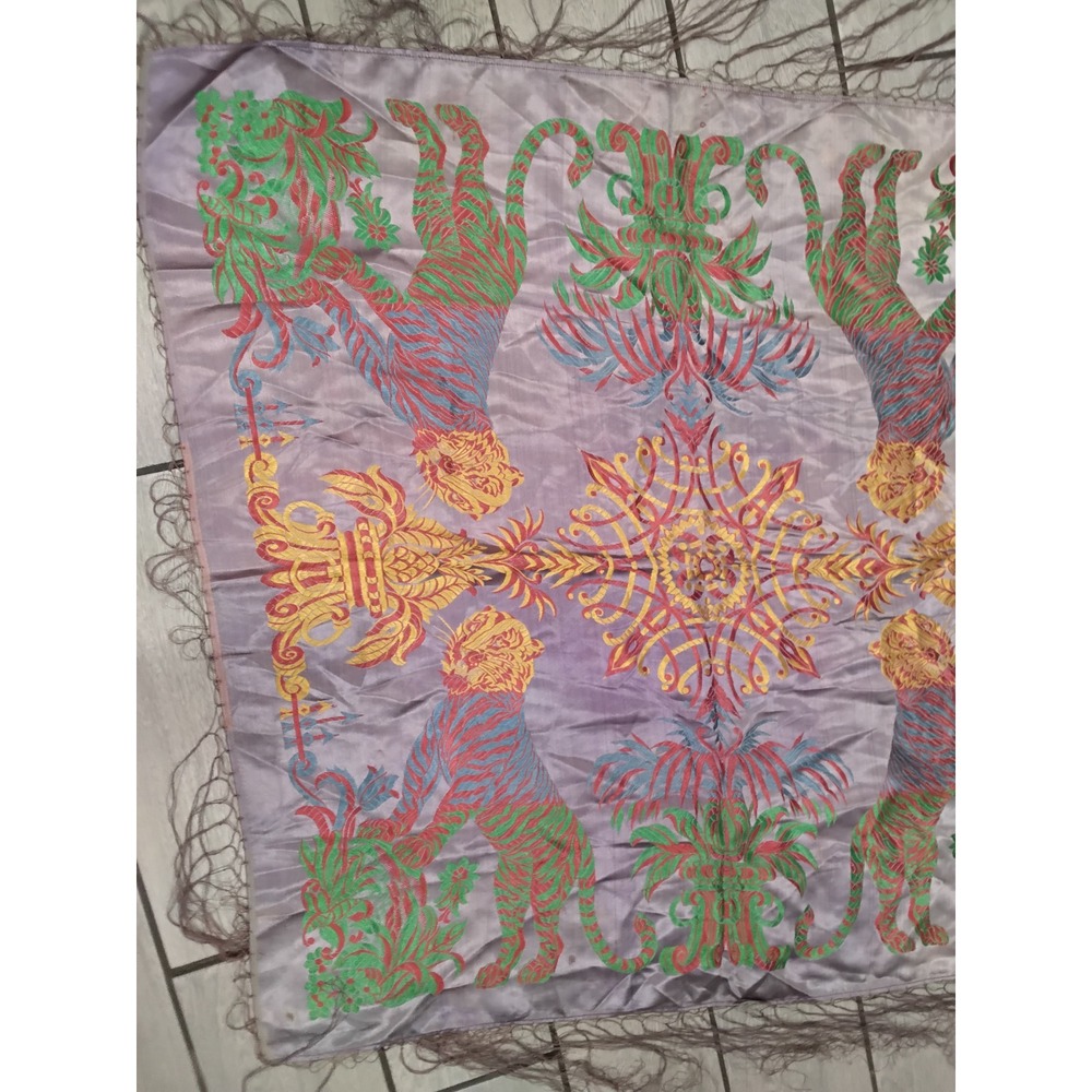 Vintage‎ Embroidered Tiger Scarf Lavender Satin Fringed Large Square 42x42 Boho